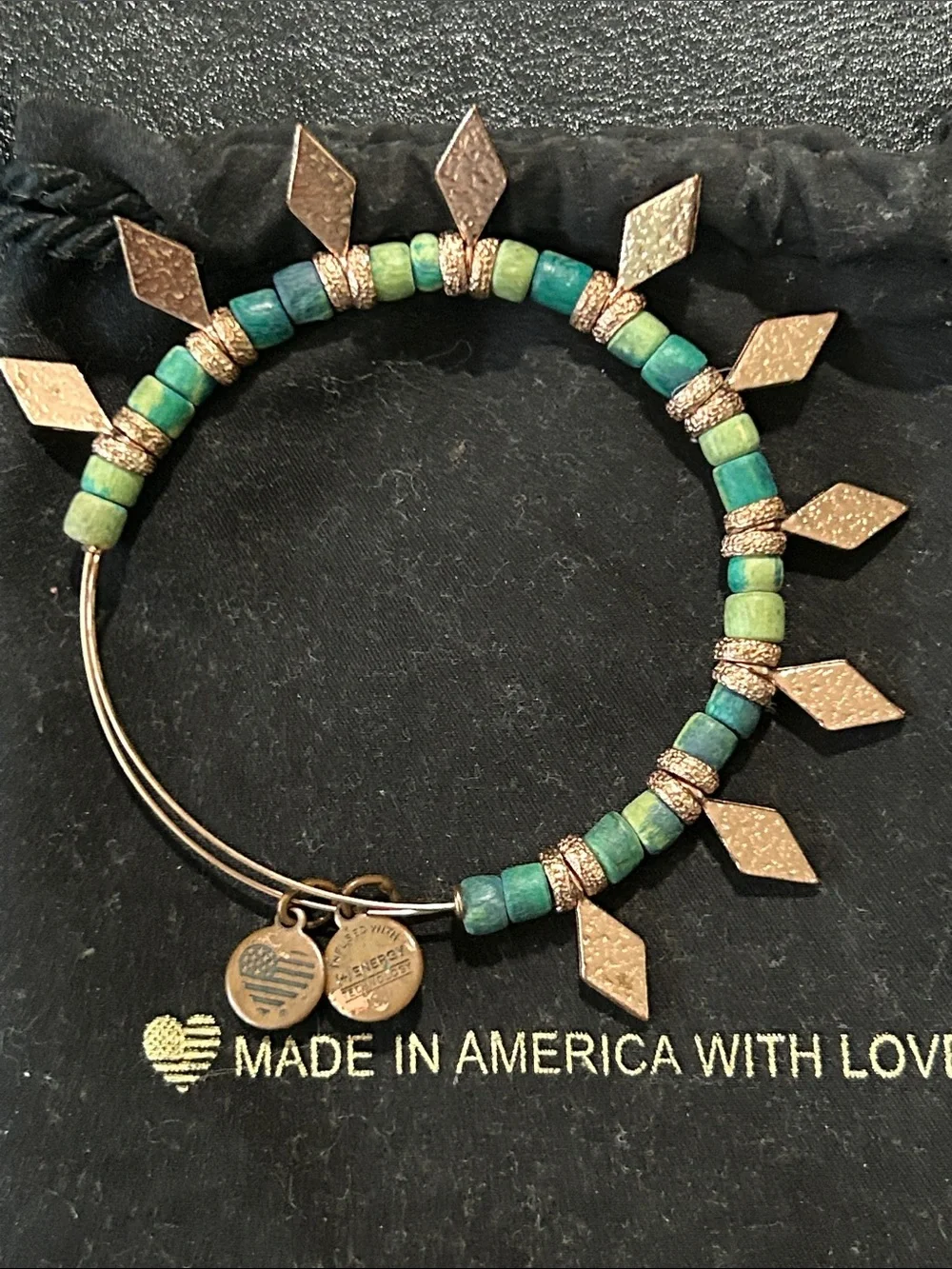 Alex and Ani Green and Gold Beaded Charm Bracelet